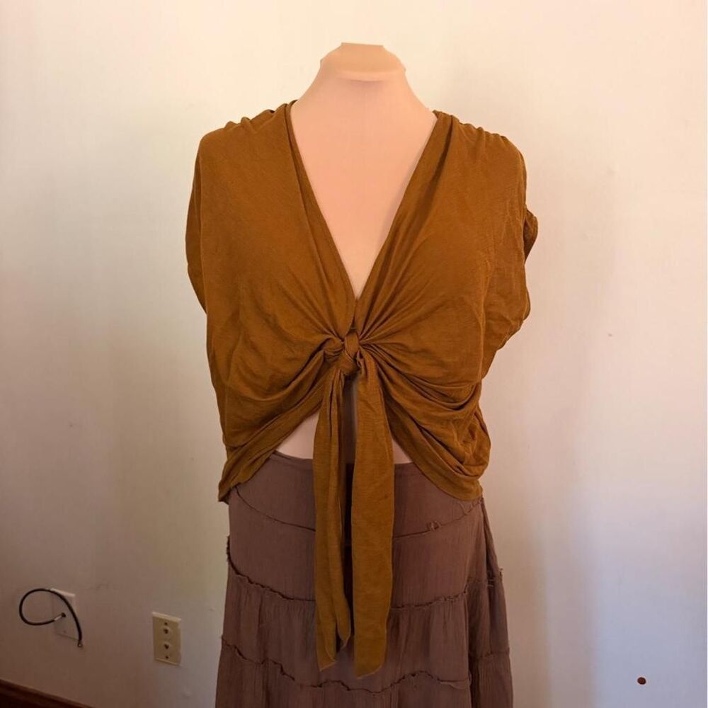 Minimalist Zara Mustard Brown Tie Front Drape Top Size S